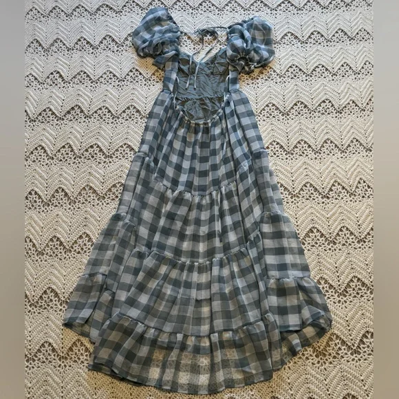 Mable Blue & White Gingham Open Tie Back Midi Dress Size Large Puff Sleeves - Picture 7 of 10